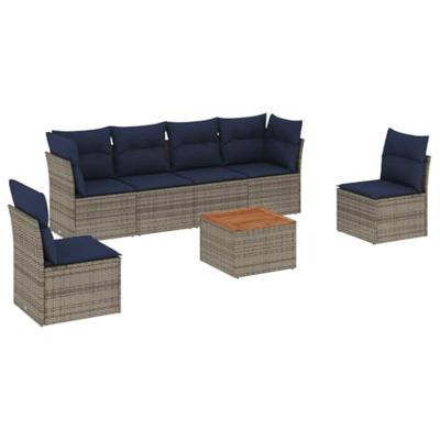 7-delige Loungeset met kussens poly rattan grijs