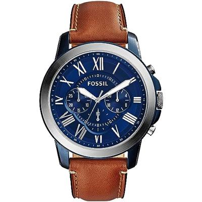 Fossil FS5151 Horloge Grant Chronograaf staal-leder blauw-bruin 44 mm