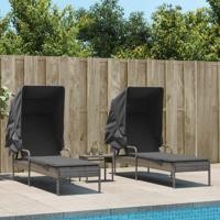 Ligbedden 2 st met luifels en tafel poly rattan grijs - thumbnail