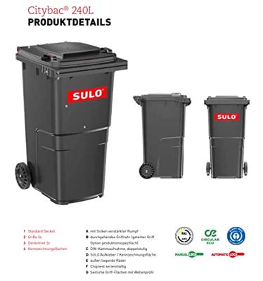 SULO 9000466125 Prullenbak 240 l Kunststof (l x b x h) 580 x 740 x 1100 mm Grijs 1 stuk(s)