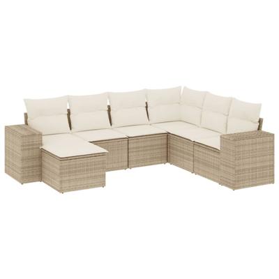 7-delige Loungeset met kussens poly rattan beige