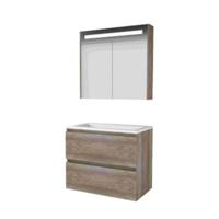 Basic-Line Premium 46 Badkamermeubelset - 80 x 46 cm - Greeploos - 2 Lades - Acryl Wastafel - 1 Kraangat - Spiegelkast met LED Verlichting - Scotch Oak - thumbnail
