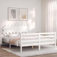 Bedframe met hoofdbord massief hout wit 160x200 cm - thumbnail