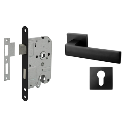 Mooi Deurbeslag Deurbeslag set met slot, cilinderrozet en deurklink Nova21 geveerd zwart