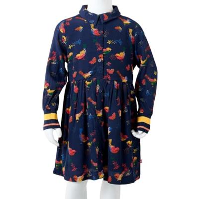 Kinderjurk met lange mouwen vogelprint 104 marineblauw