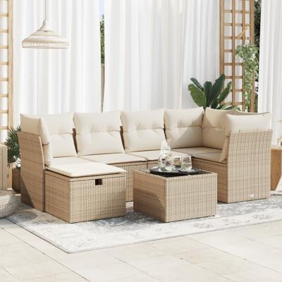 6-delige Loungeset met kussens poly rattan beige