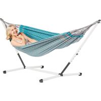 Eenpersoons hangmat met metalen standaard - 300x140cm - BlauwGroen - 120kg draagkracht- 100% katoen - binnen & buiten - thumbnail