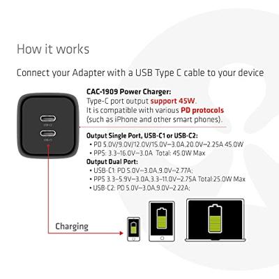 club3D CAC-1909EU Laptop netvoeding 45 W 2x USB-C USB PD Zwart Binnen