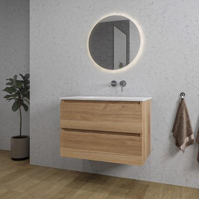 Saniclass Chaci Badkamermeubelset - 80x46x55cm - keramische wastafel wit - 1 wasbak - zonder kraangaten - 2 lades - ronde spiegel met verlichting - eiken SW1212767/SW773926/SW108328
