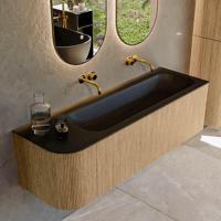 Mondiaz KURVE 145 cm Onderkast Greeploos 1 Lade Met Deuren Oak, Wastafel Solid Surface Rechts Urban 0 Kraangaten Zonder Spiegel (KRVBGL145L1L1D0KR-Oak/Urb) - thumbnail