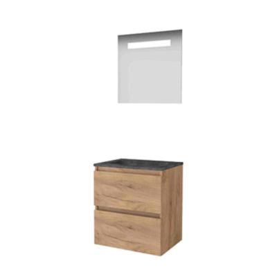 Basic-Line Economic 46 Badkamermeubelset - 60 x 46 cm - Greeploos - 2 Lades - Hardstenen Wastafel - 1 Kraangat - Spiegel met LED Verlichting - Whisky Oak