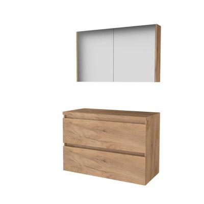Basic-Line Comfort 46 Badkamermeubelset - 100 x 46 cm - Greeploos - 2 Lades - Wastafelblad - Spiegelkast - Whisky Oak