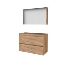 Basic-Line Comfort 46 Badkamermeubelset - 100 x 46 cm - Greeploos - 2 Lades - Wastafelblad - Spiegelkast - Whisky Oak - thumbnail