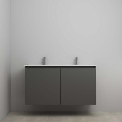 On-Line Onderkast - 120 cm - Bouwpakket - Greeploos 2 Deuren - Porseleinen Wastafel - 2 Kraangaten - Mat Antraciet