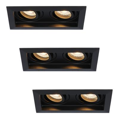 Set van 3 Durham LED Dubbele inbouwspots Rechthoek - 8 watt 690 lumen - 2700K Warm wit - GU10 - Dimbaar Kantelbaar - Voor binnen - Zwart