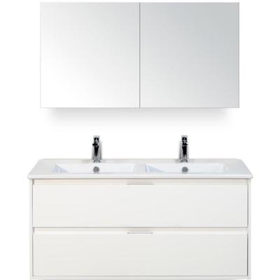 Porto Badmeubelset 120 cm - 2 Laden Wit Hoogglans - Keramische Wastafel Wit Slim met Spiegelkast