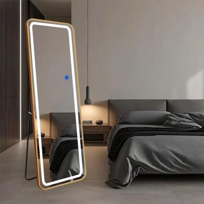 LoXa - Passpiegel Ilumina Goud - 160x50 cm - Staand & Ophangbaar - LED-Verlichting met Touch - Gouden Aluminium Frame - HD-glas