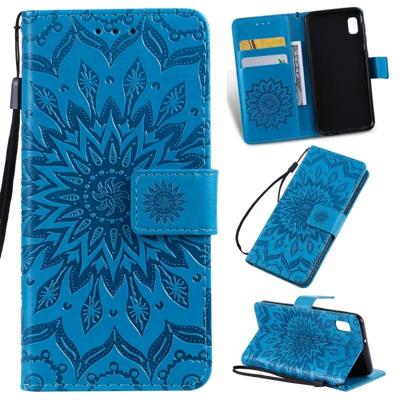Gedrukt afdrukken zonnebloem patroon horizontale Flip PU lederen case voor Galaxy A10e met houder & kaartsleuven & portemonnee & Lanyard (blauw)