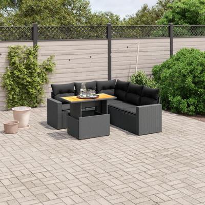 6-delige Loungeset met kussens poly rattan zwart