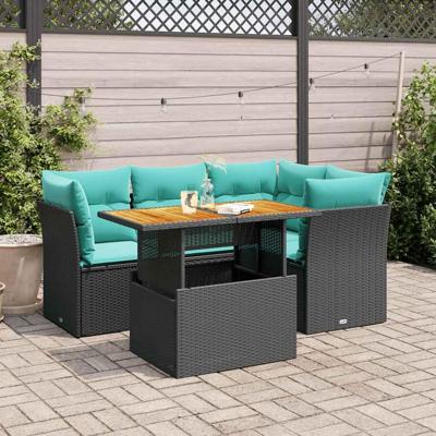 5-delige Loungeset met kussens poly rattan zwart