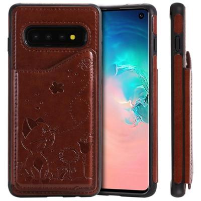 Voor Galaxy S10 kat Bee reliëf patroon schokbestendige beschermende case met kaartsleuven & fotolijstjes (bruin)