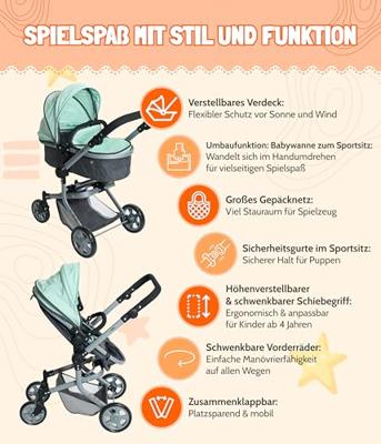 Combi-poppenwagen Mika - Melange Antraciet Mint
