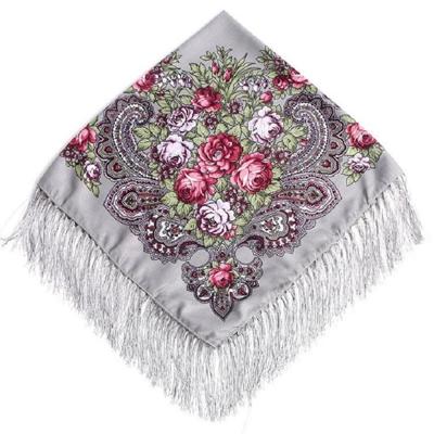 Grijze etnische stijl retro kwast vierkante sjaal bloem patroon hoofddoek sjaal grootte: 90 x 90cm