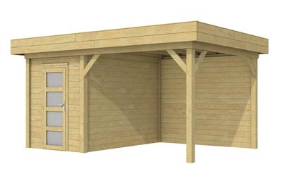 Woodvision Kiekendief blokhut 200x300 cm + overkapping 400 cm vuren groen geïmpregneerd- Plat dak- Geïmpregneerd vurenhout- Woodvision