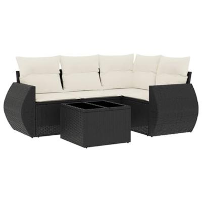 5-delige Loungeset met kussens poly rattan zwart