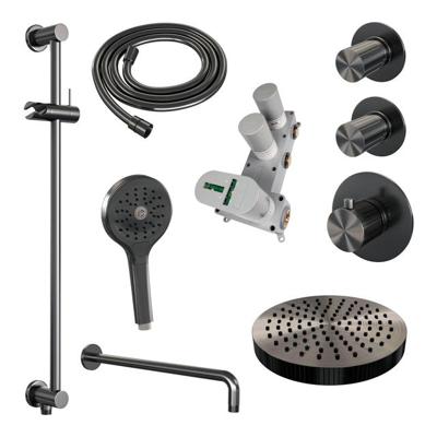 Brauer Stripe thermostatische inbouw regendouche SET 11 met 25 cm douchekop en gebogen muurarm en 3-standen handdouche en doucheslang en geintegreerde glijstang gunmetal geborsteld PVD