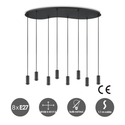 Metaal kroonluchter - Industrie hanglamp - Zwart - Met 8 pcs lampvoeten - Ontworpen voor Eetkamer en Slaapkamer - 100 x 34.4 x 117.5cm - set met E27 Lamphouder - voor Lampenkap met Doorsnede max 15cm - Gloeilamp Niet Inbegrepen