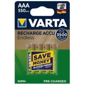VARTA Recharge Accu Endless Energy AAA Micro Ni-Mh accu verpakking met 4 stuks 550 mAh - tot 3500 laadcyclussen, lage zelfontlading, voorgeladen en Ready2Use - herlaadbaar zonder memory-effect