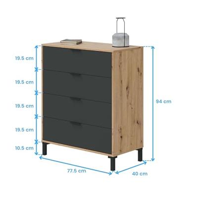 CALICOSY - Ladekast met 4 laden met noestige eik en antracietgrijs decor - L77,5 cm - Licht hout