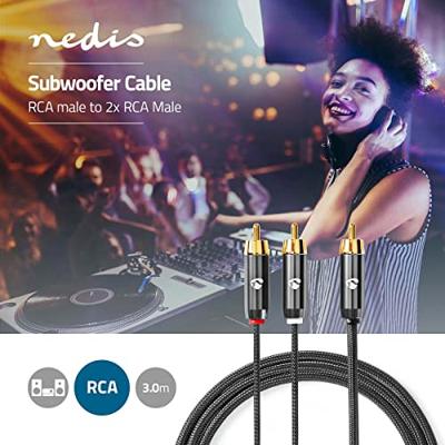 Nedis CATB24000GY30 Subwoofer-kabel Rca Male 2x Rca Male Verguld 3.00 M Rond 4.5 Mm Grijs / Gun Metal Grijs Cover Window Box