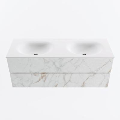 MONDIAZ VICA 130cm badmeubel onderkast Carrara 2 lades. Wastafel MOON dubbel zonder kraangat, kleur Talc.