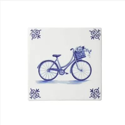 Heinen Delfts Blauw tegeltje keramiek fiets 13x13cm delfts blauw
