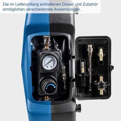 Draagbare compressor Scheppach AIR CASE - 2L- 1100 W - 8 bar (Geleverd met 12 accessoires, een blaaspistool, een opblaashandvat)