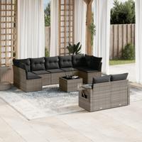 10-delige Loungeset met kussens poly rattan grijs - thumbnail