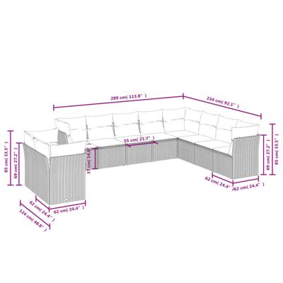 10-delige Loungeset met kussens poly rattan zwart
