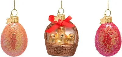 Vondels paashanger ei, mandje met kuikens en ei 6cm multi 3 stuks