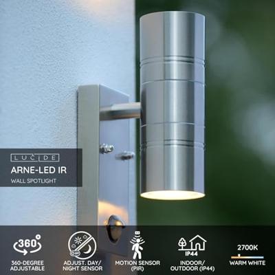 Lucide ARNE-LED IR - Wandspot / Wandlamp Binnen/Buiten - Ø 6,3 cm - LED - GU10 - 2x5W 2700K - IP44 - Beweging & dag/nacht sensor - Mat chroom Lucide ARNE-LED IR - Wandspot / Wandlamp Binnen/Buiten - Ø 6,3 cm - LED - GU10 - 2x5W 2700K - IP44 - Beweging & dag/nacht sensor - Mat chroom
