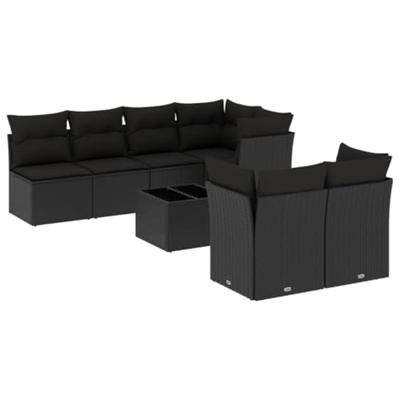 8-delige Loungeset met kussens poly rattan zwart