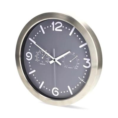 Wandklok | Diameter: 300 mm | Roestvrij Staal | Stille beweging | Thermometer | Hygrometer | Grijs / Metaal
