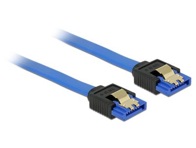 Delock 84979 Kabel SATA 6 Gb/s bus recht > SATA bus recht 50cm blauw met gouden clips Delock 84979 Kabel SATA 6 Gb/s bus recht > SATA bus recht 50cm blauw met gouden clips