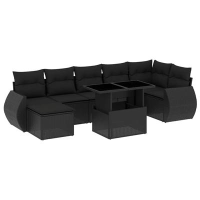 8-delige Loungeset met kussens poly rattan zwart - thumbnail