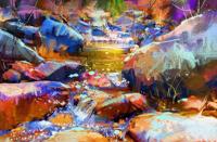 Schilderij - Waterval met kleurrijke stenen (digitale kunst) , multikleur , 2 maten , Premium print - thumbnail