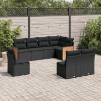 8-delige Loungeset met kussens poly rattan zwart - thumbnail