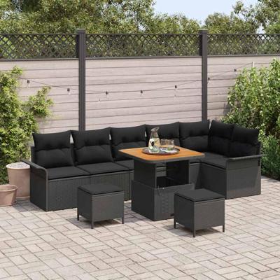 Tuinbankenset met kussen 9 pcs Zwart poly rattan