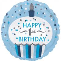 Folieballon 1 Jaar Cupcake Blauw Rond (43cm) - thumbnail