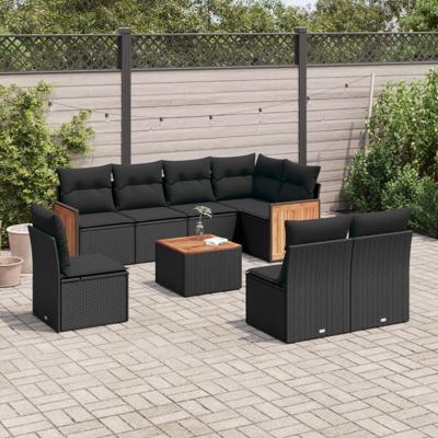 9-delige Loungeset met kussens poly rattan zwart